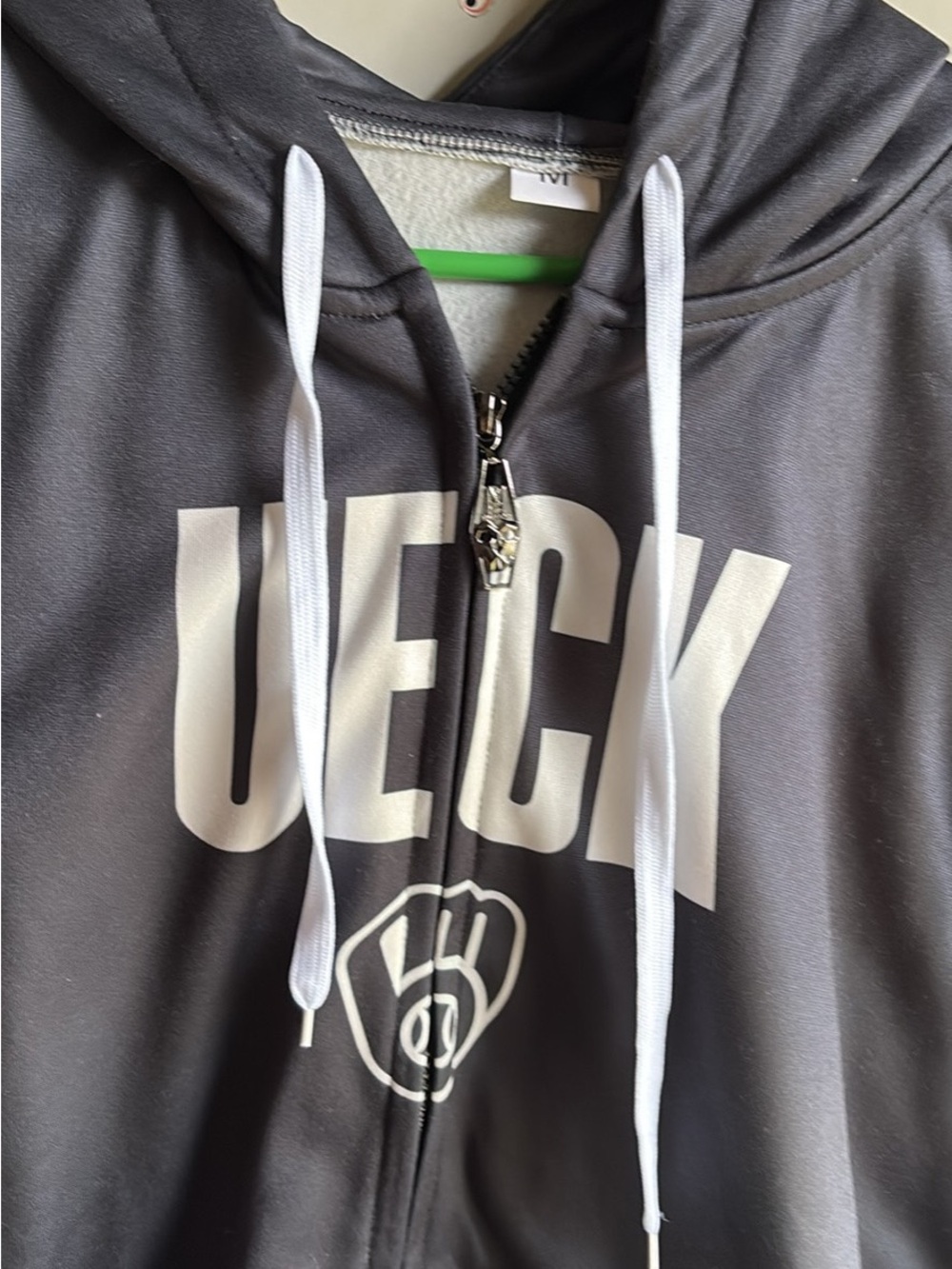 Grey Graphic Zip-Up Hoodie with White Drawstrings